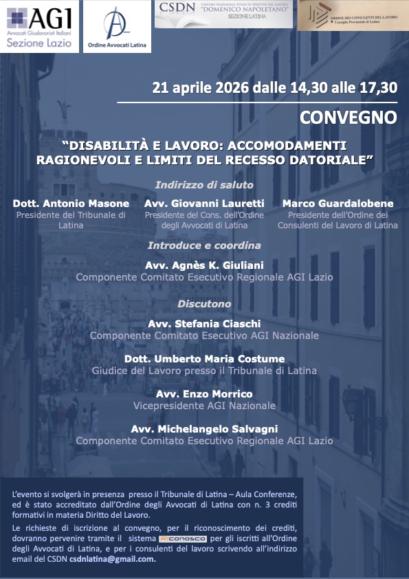 Convegno: "Disabilità e lavoro: accomodamenti ragionevoli e limiti del recesso datoriale"